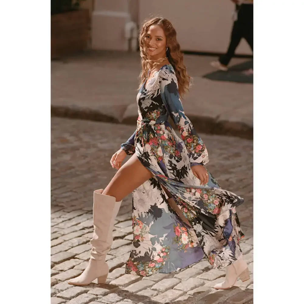 Lulus Put On A Smile Blue Floral Print Satin Wrap Maxi Dress - Size L - Picture 1 of 1